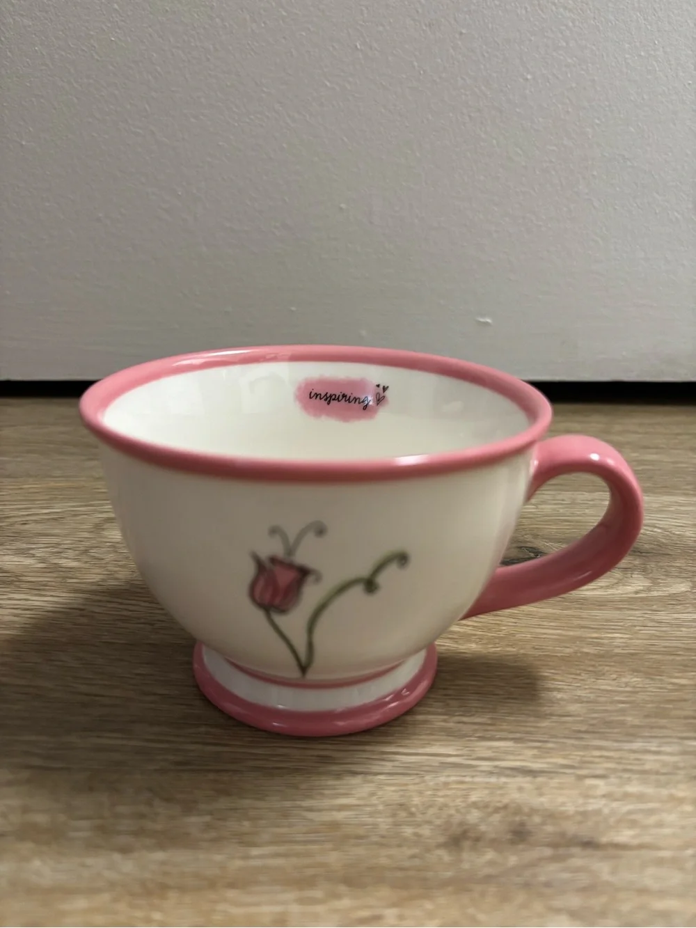 Starbucks Cream Ceramic Teacup with Pink Trim and Floral Motif
